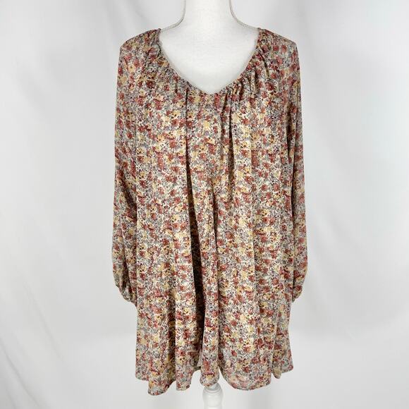 Storia Women's Georgette Boho Ditsy Floral Mini Dress Medium Brown Taupe - Picture 2 of 15
